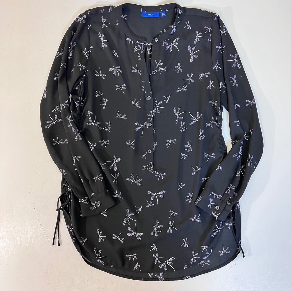 Apt. 9 Dragonfly Print Black Blouse M Ruched Tie Cottagecore Academia